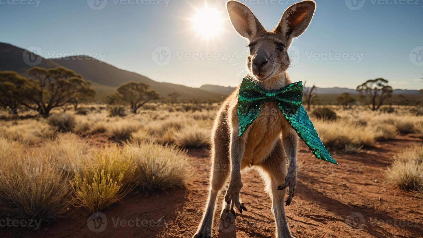 A kangaroo wearing a sparkly bow tie stands in a sunlit desert landscape. photo
