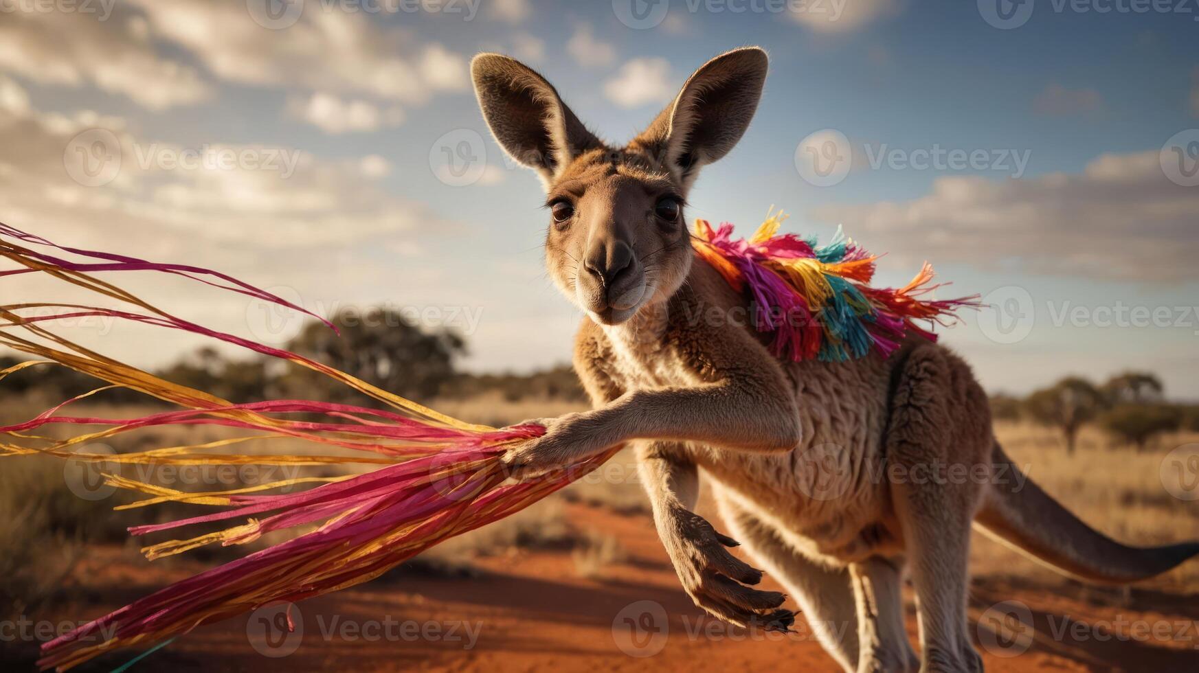A kangaroo adorned with colorful decorations in a natural landscape. photo
