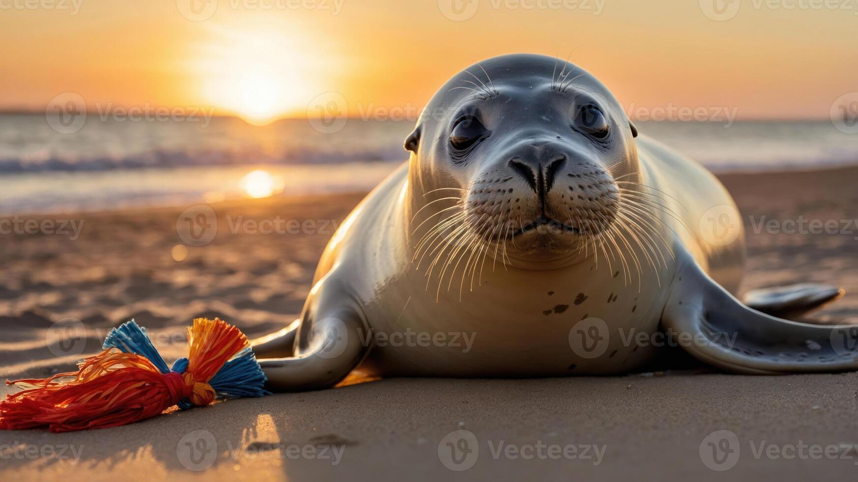 A seal resting on the beach at sunset, showcasing a tranquil coastal scene. photo