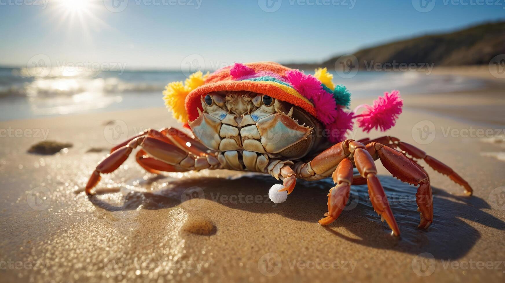 A colorful crab wearing a vibrant hat on a sunny beach. photo