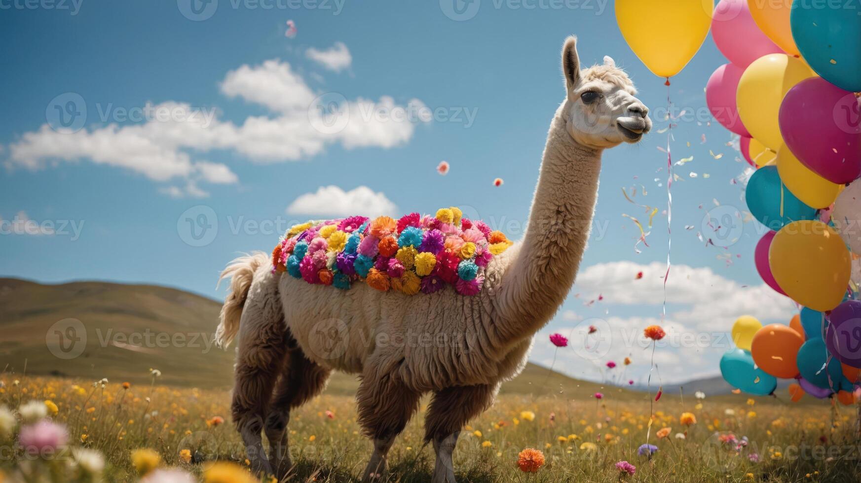 A decorated llama stands in a colorful field, surrounded by balloons and flowers. photo