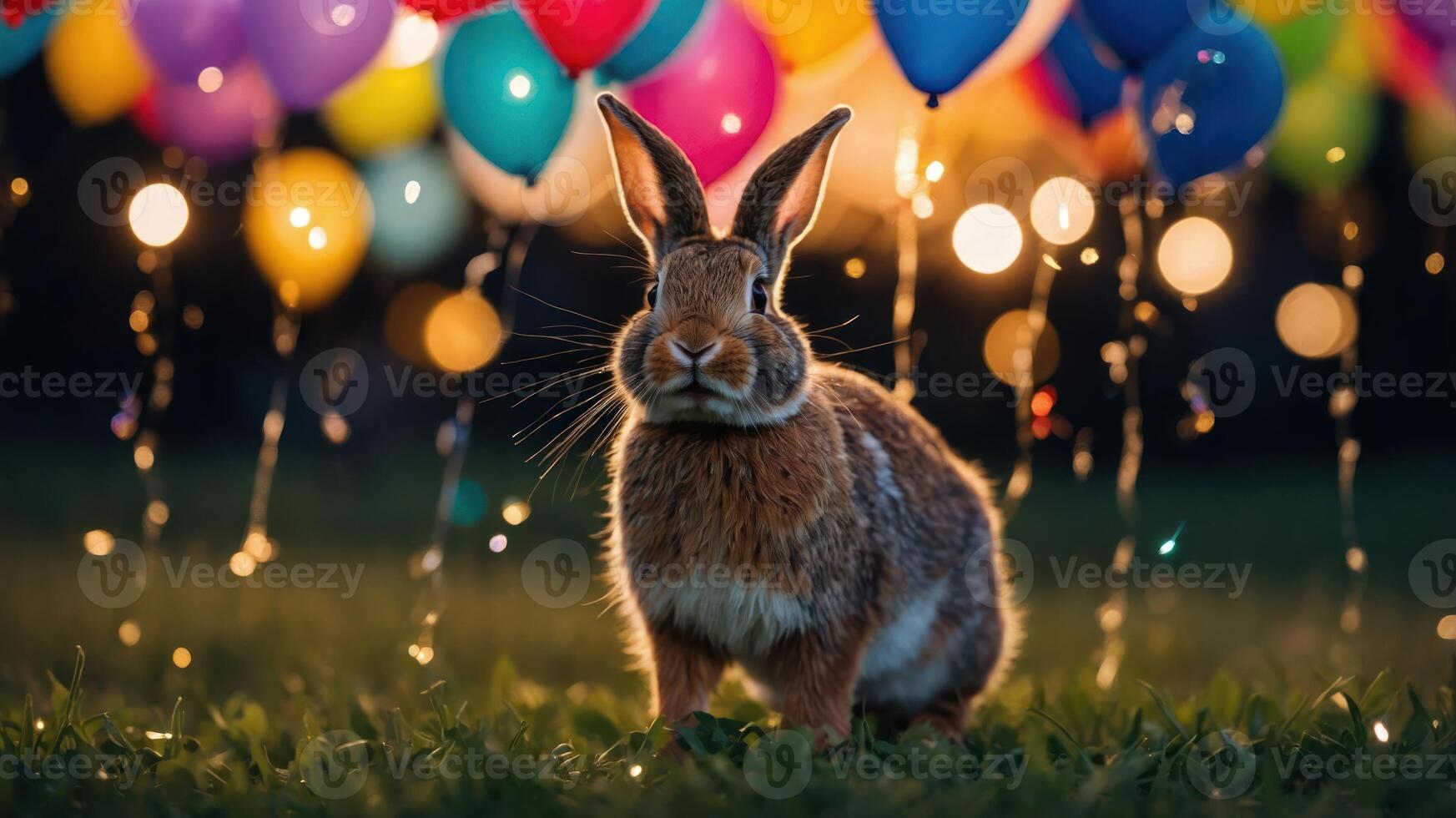 A rabbit stands in a grassy field surrounded by colorful balloons, creating a festive atmosphere. photo