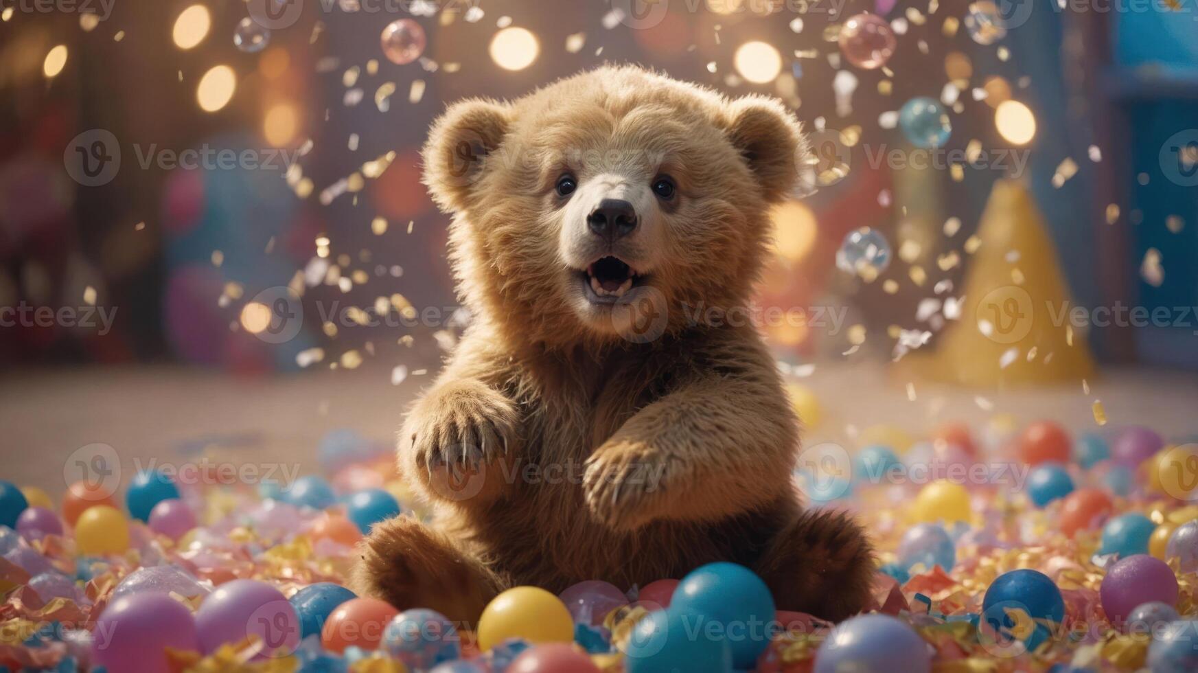 A playful bear cub surrounded by colorful balls and bubbles in a festive setting. photo