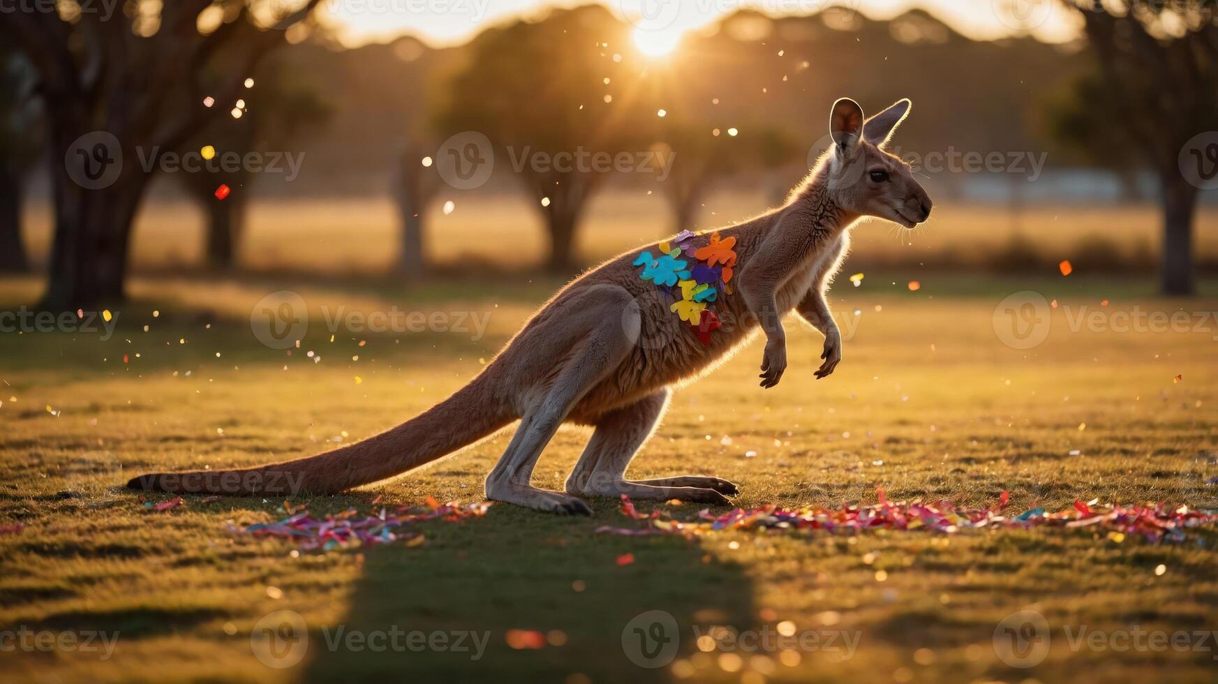 A kangaroo adorned with colorful leaves hops through a sunlit field, creating a festive atmosphere. photo
