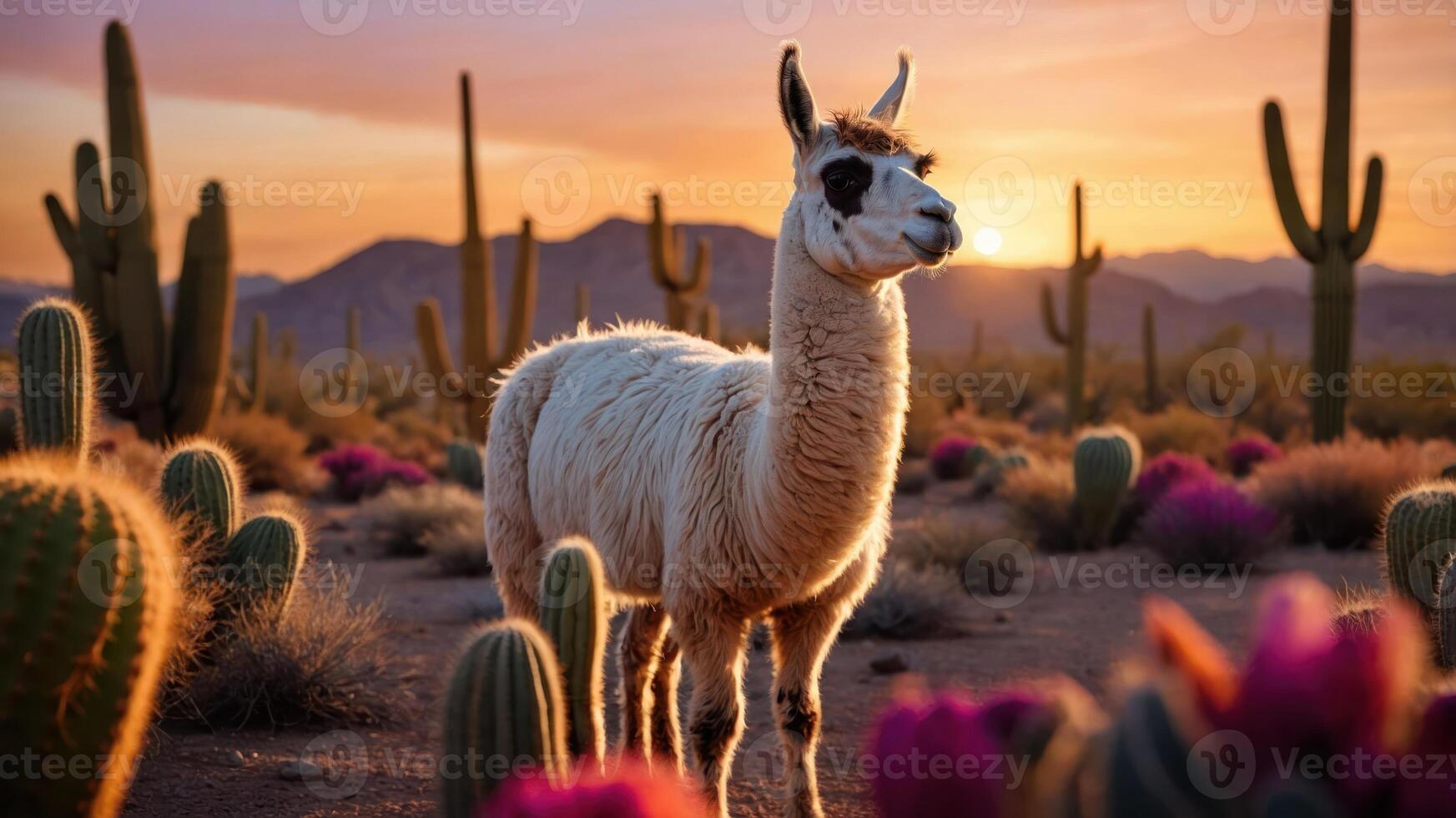 A llama stands amidst vibrant cacti and flowers at sunset in a desert landscape. photo