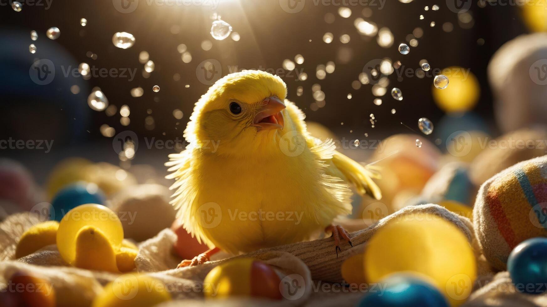 A bright yellow chick surrounded by colorful eggs and droplets of water in a playful setting. photo