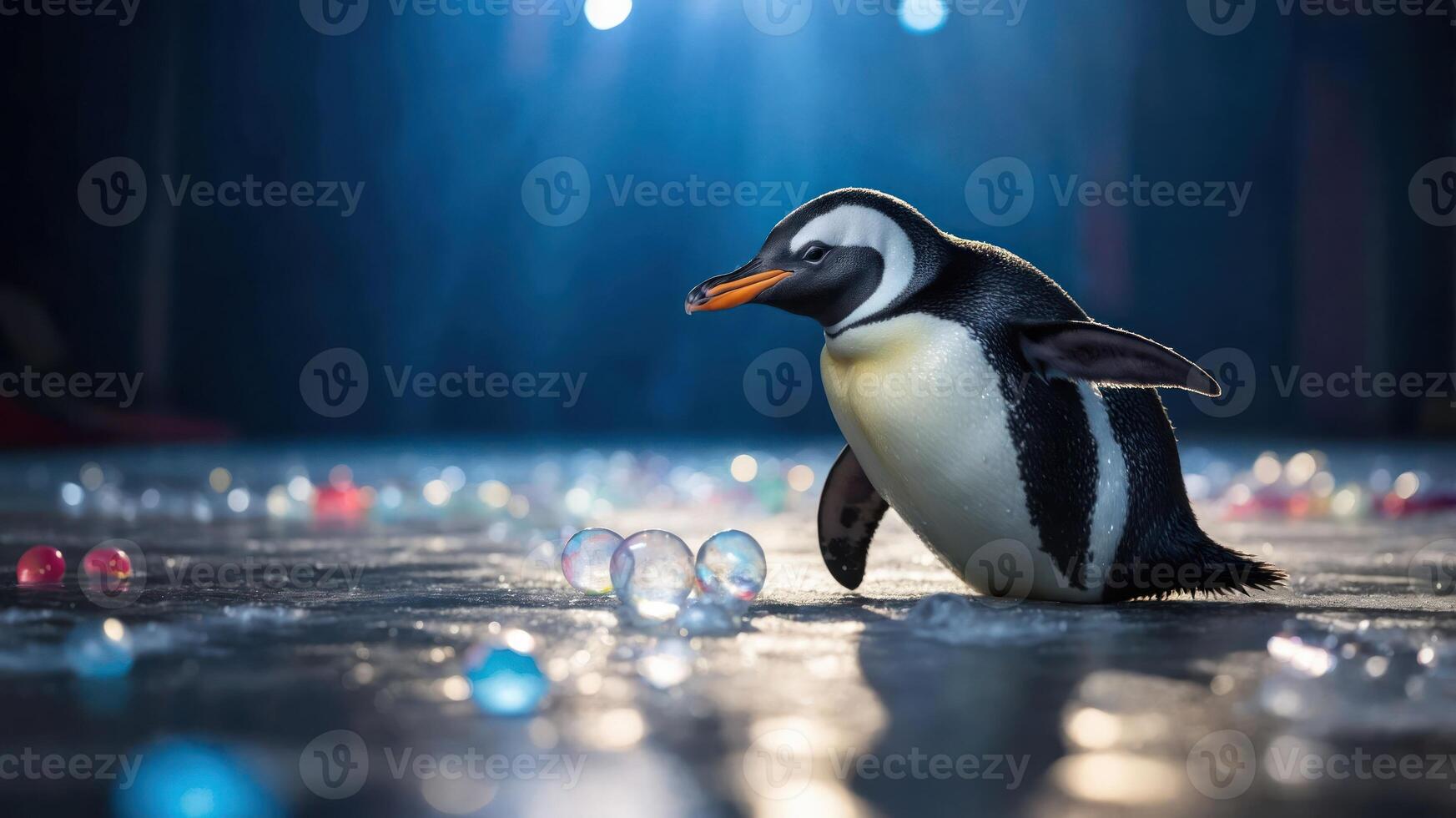 A penguin walking on an ice surface with colorful spheres scattered around. photo