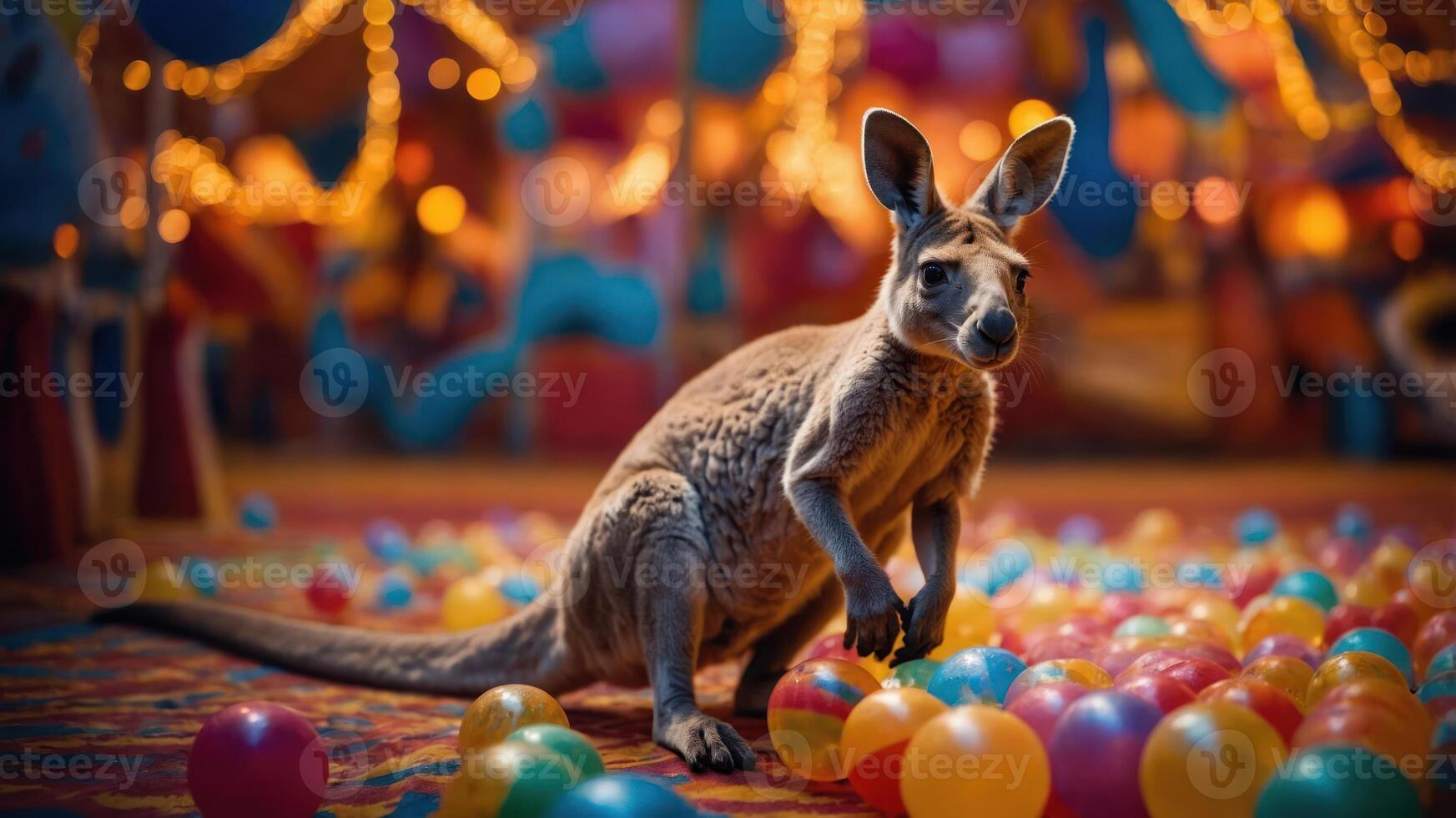 A kangaroo playfully interacts with colorful balls in a festive setting. photo