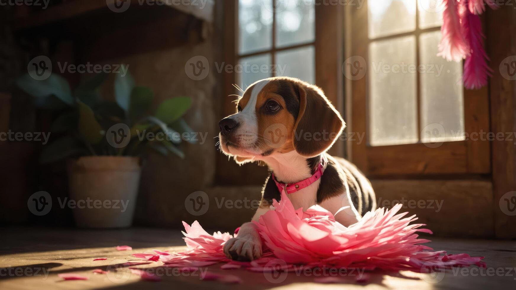 A beagle puppy lying on pink petals in a sunlit room with windows. photo
