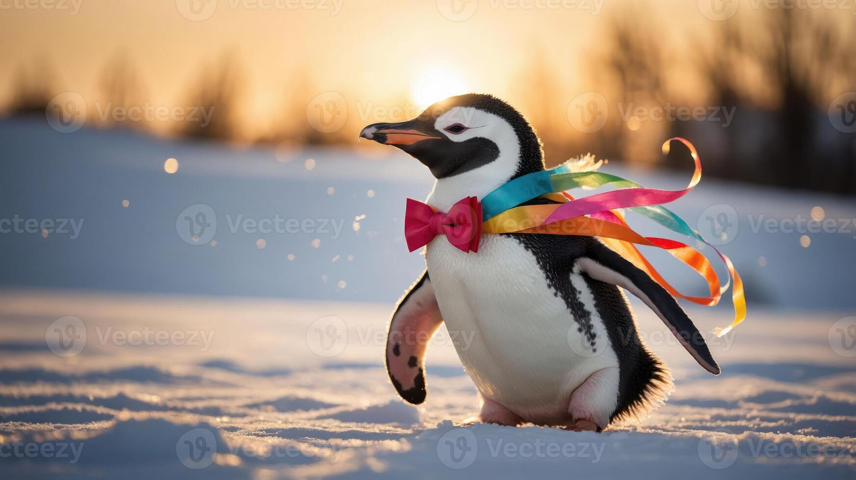 A penguin dressed in a bow tie and colorful ribbons walks in the snow at sunset. photo