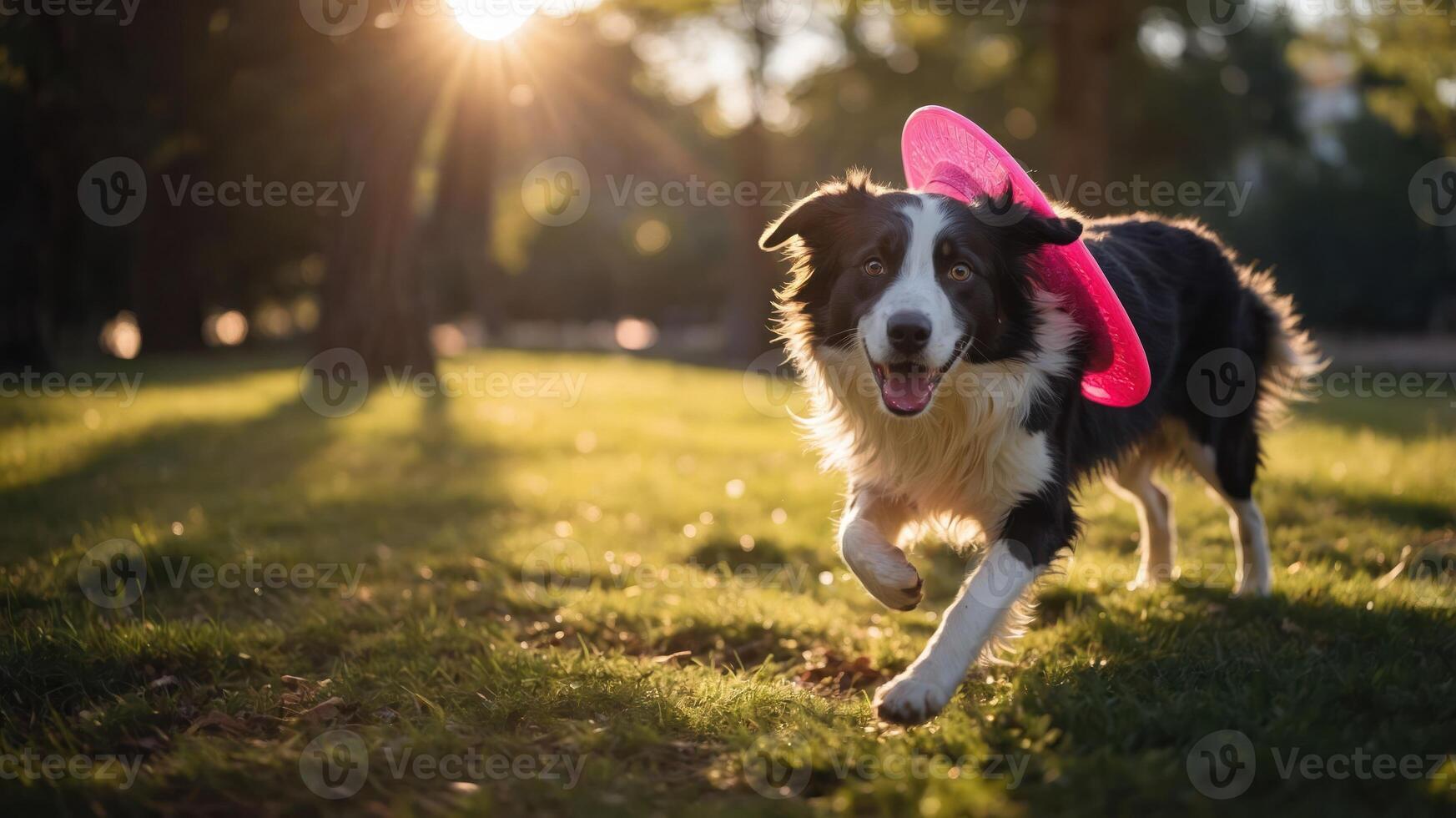 A joyful dog runs with a pink frisbee in a sunlit park, capturing a moment of playfulness. photo