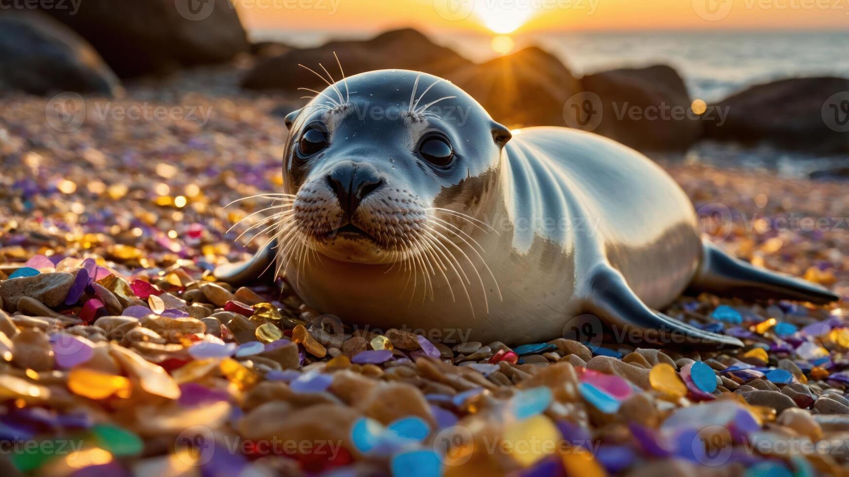 A seal resting on a colorful pebbled beach at sunset, surrounded by vibrant stones. photo