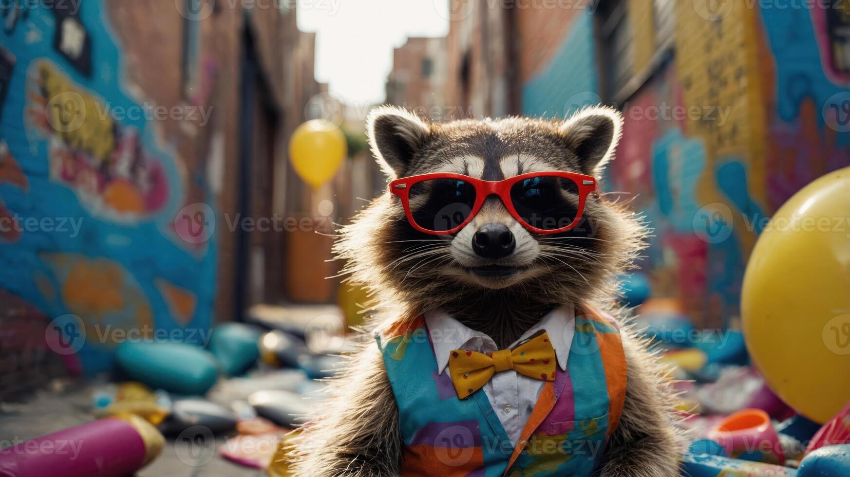 A raccoon in sunglasses and a colorful suit poses in a vibrant alley filled with balloons. photo