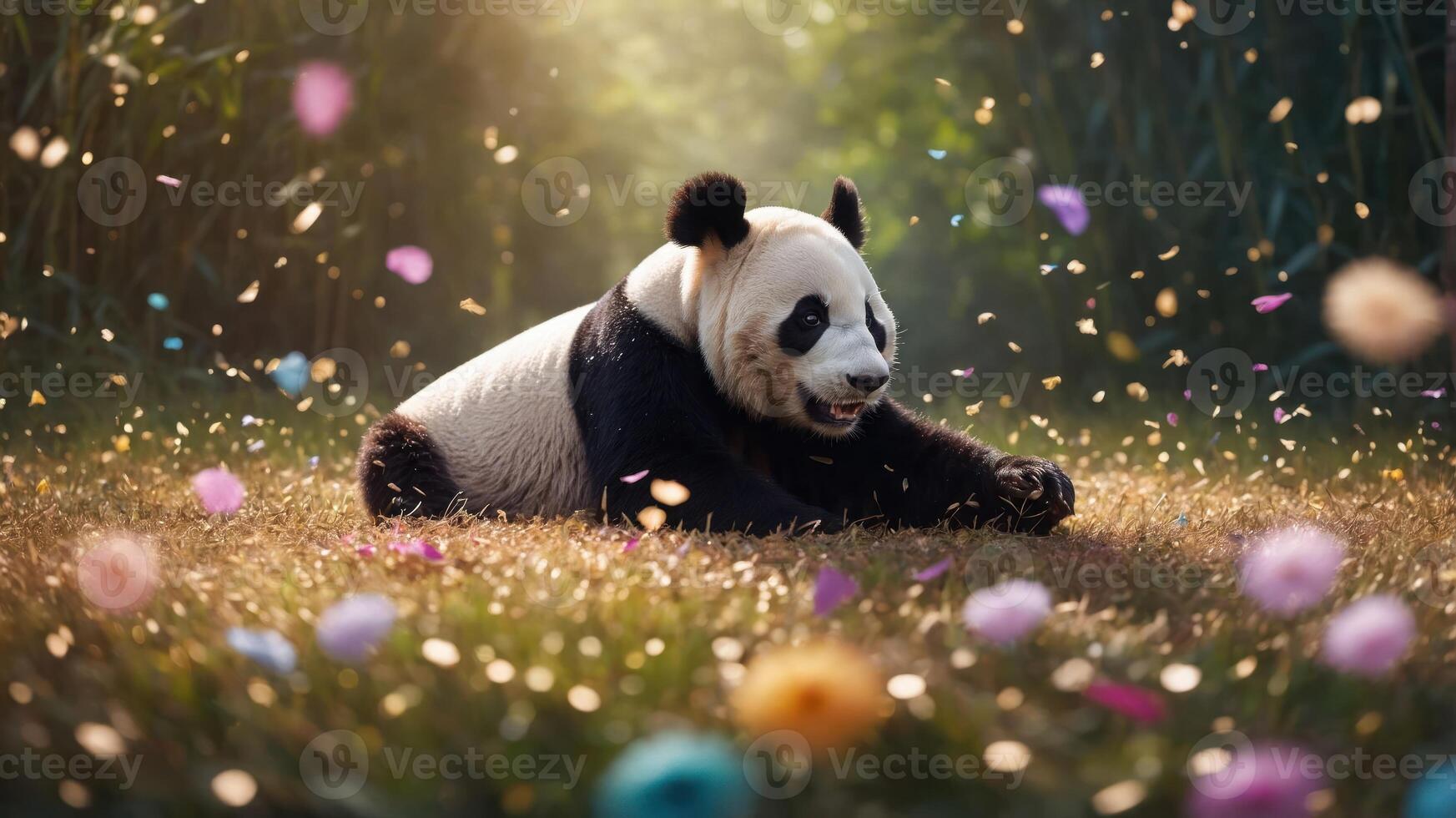 A playful panda in a vibrant, flower-filled meadow, basking in sunlight. photo