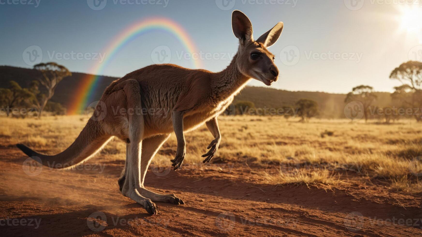 A kangaroo hops across a dusty path with a rainbow in the background during sunset. photo