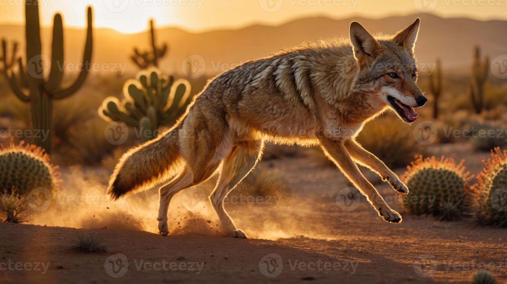 A coyote leaps across a desert landscape at sunset, showcasing its agility and natural habitat. photo