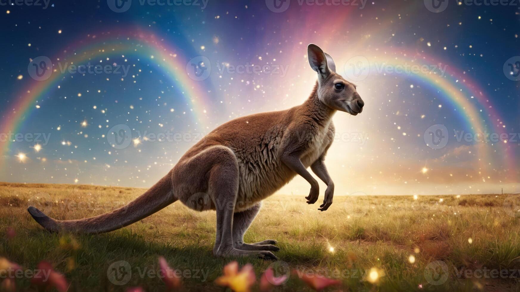 A kangaroo stands in a vibrant landscape with rainbows and stars, evoking a magical atmosphere. photo