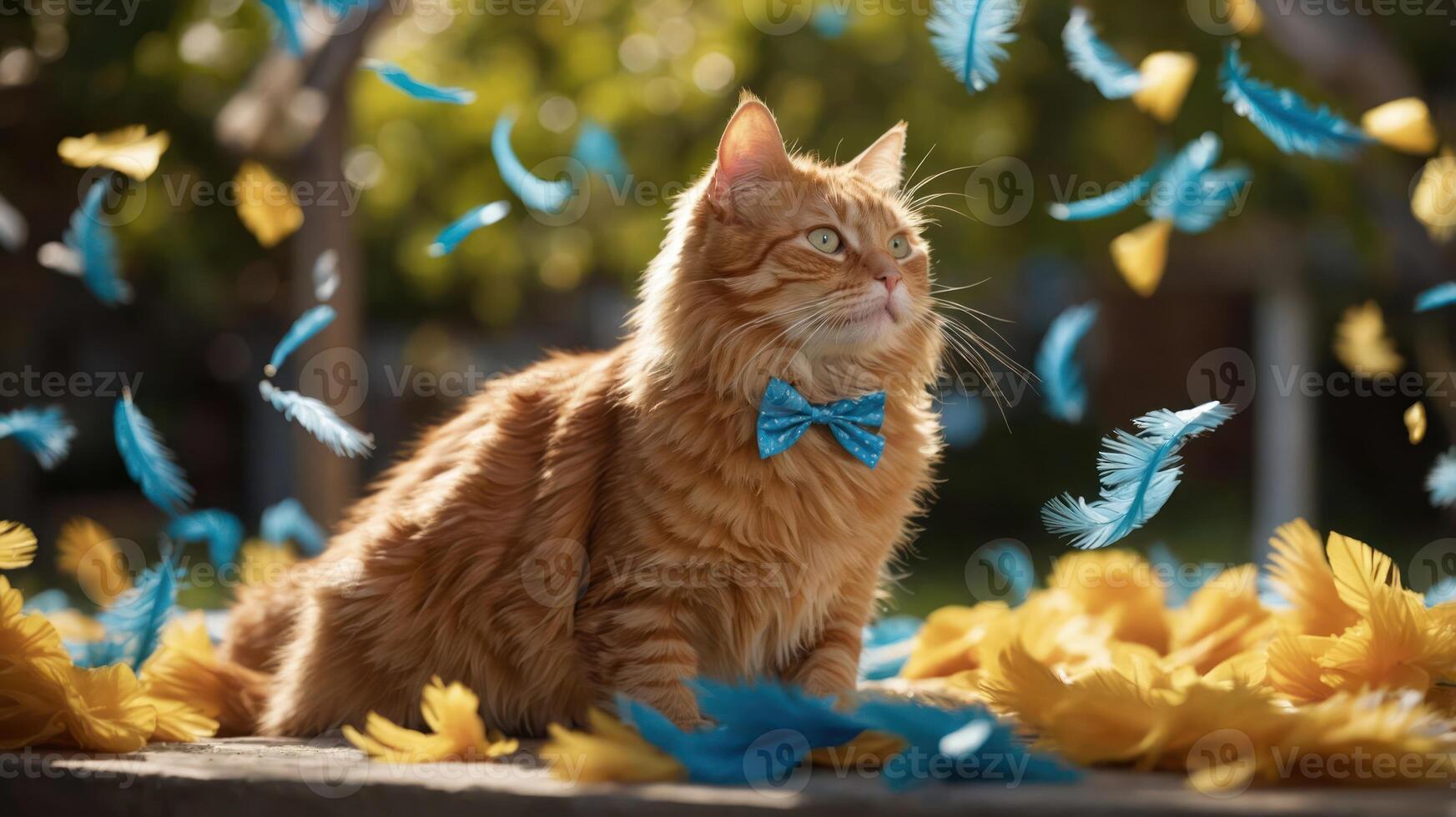 A stylish orange cat with a bow tie sits amidst colorful feathers in a vibrant outdoor setting. photo