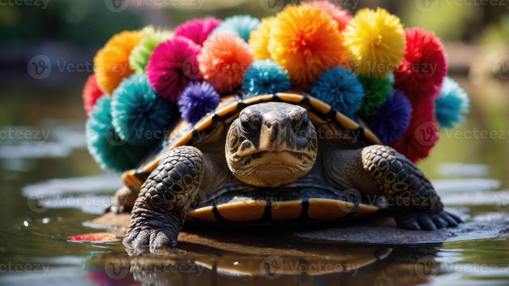 A turtle adorned with colorful pom-poms resting on a rock in a serene environment. photo