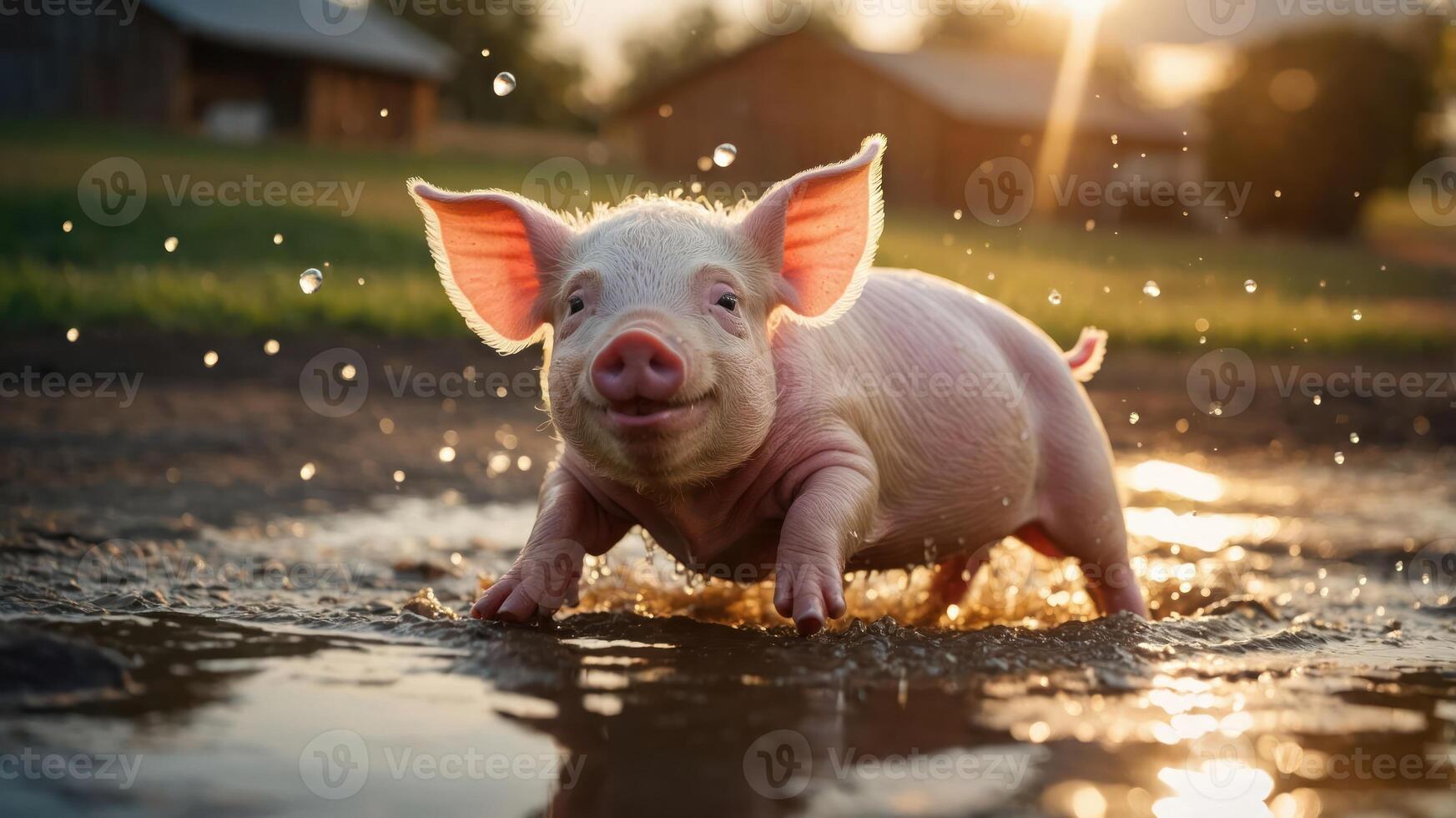 A playful piglet splashes in a puddle during sunset, embodying joy and freedom. photo