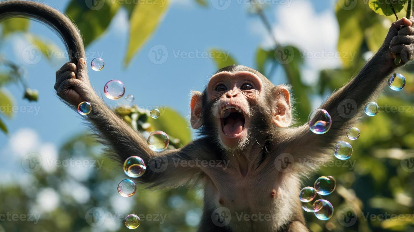 A playful monkey interacts with bubbles in a vibrant outdoor setting. photo