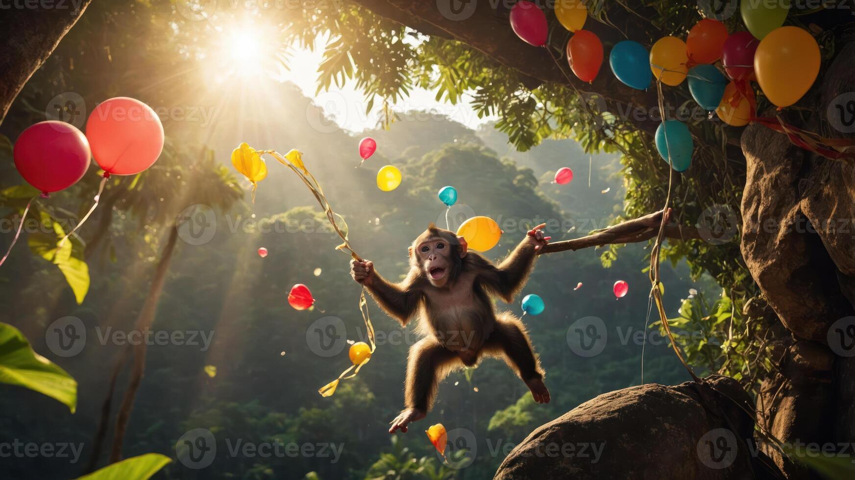 A playful monkey swings joyfully amidst colorful balloons in a vibrant jungle setting. photo