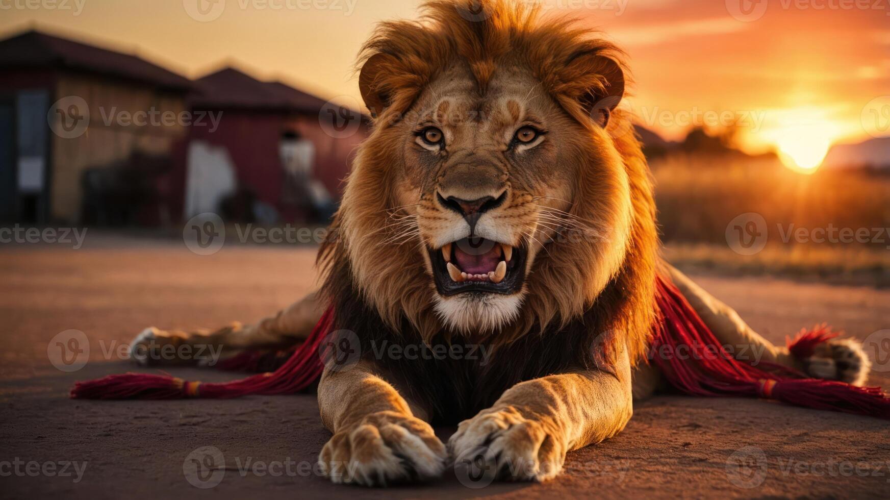 A majestic lion lounging at sunset, showcasing its powerful presence in the wild. photo