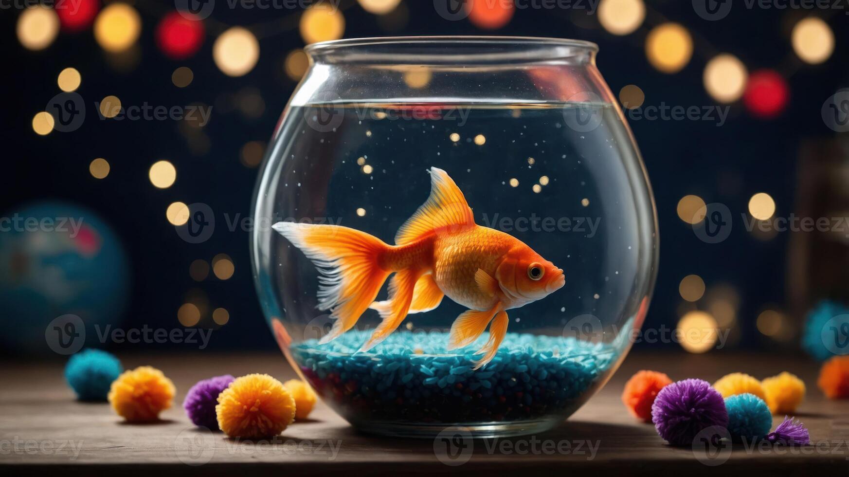 A goldfish swims in a bowl surrounded by colorful pom-poms and soft lights. photo