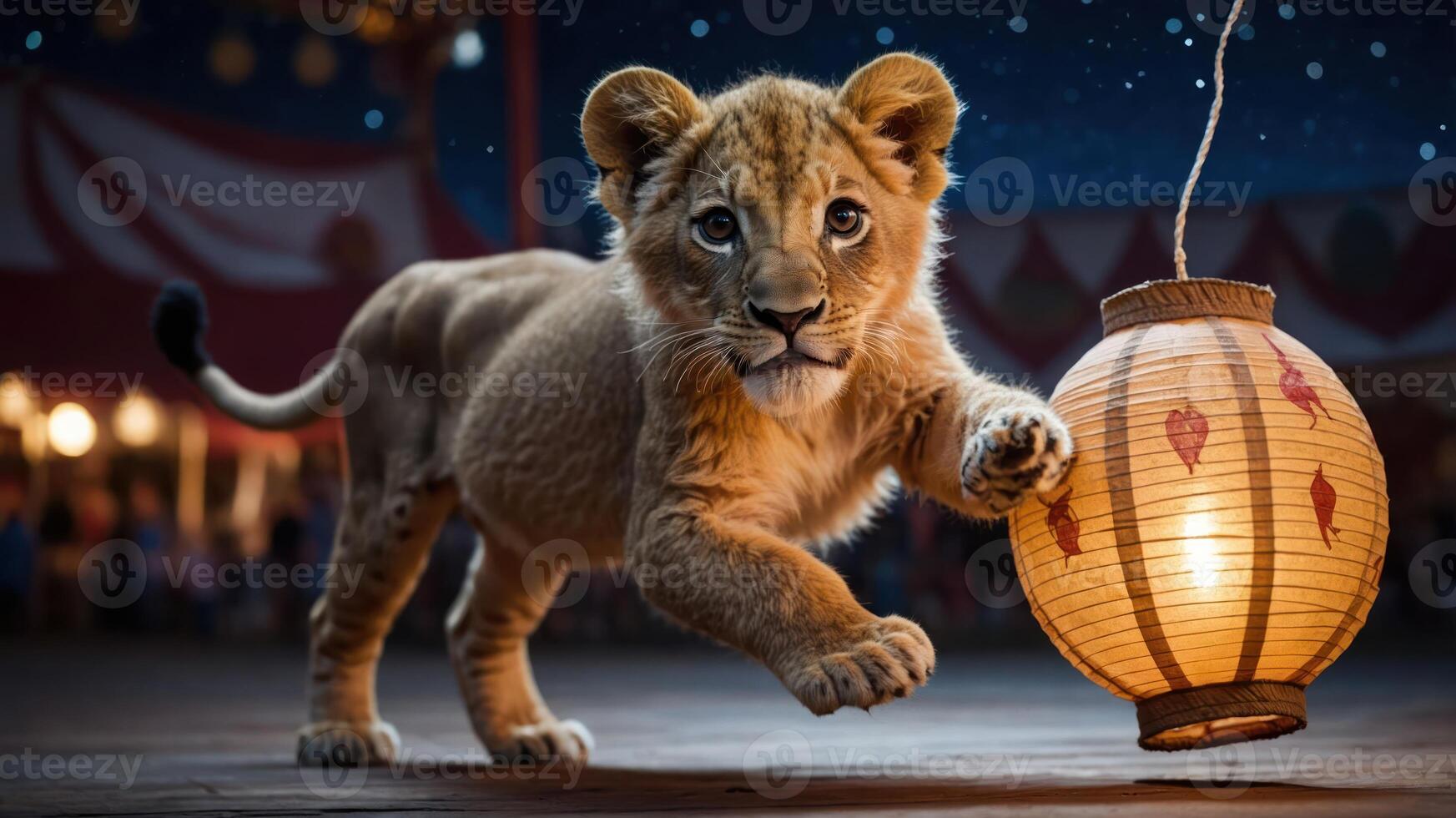 A playful lion cub interacts with a lantern in a colorful circus setting. photo