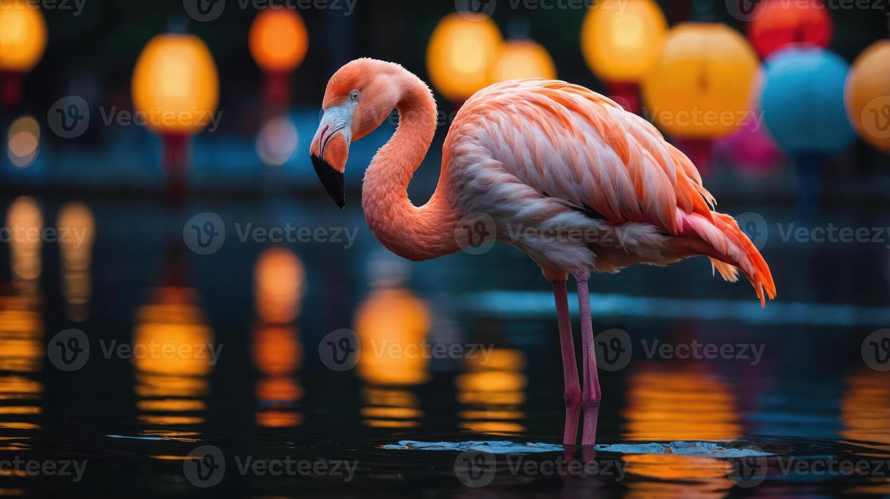 A pink flamingo stands gracefully in water, illuminated by colorful lanterns at dusk. photo