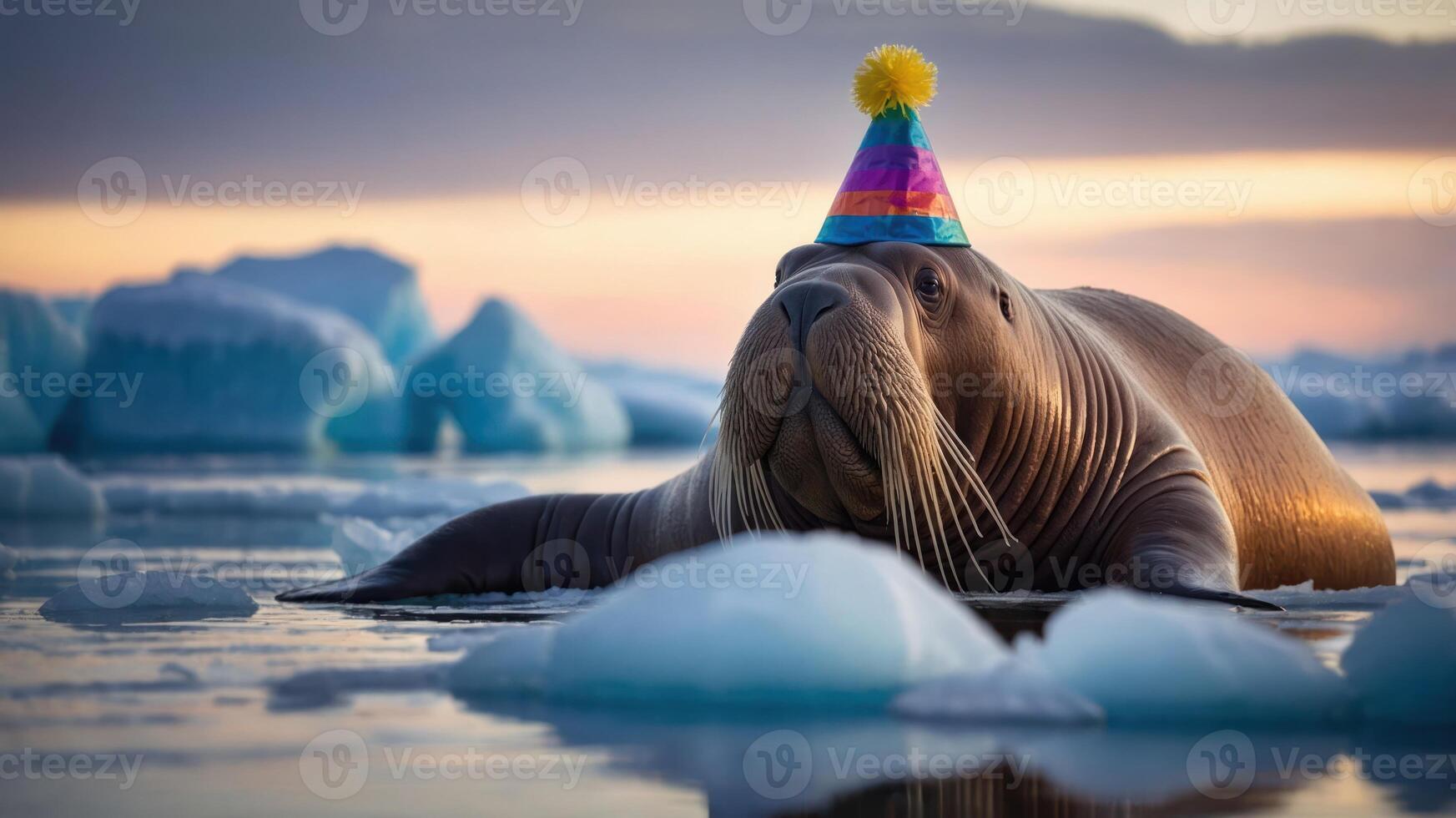 A walrus wearing a colorful party hat floats among icebergs in a serene Arctic setting. photo