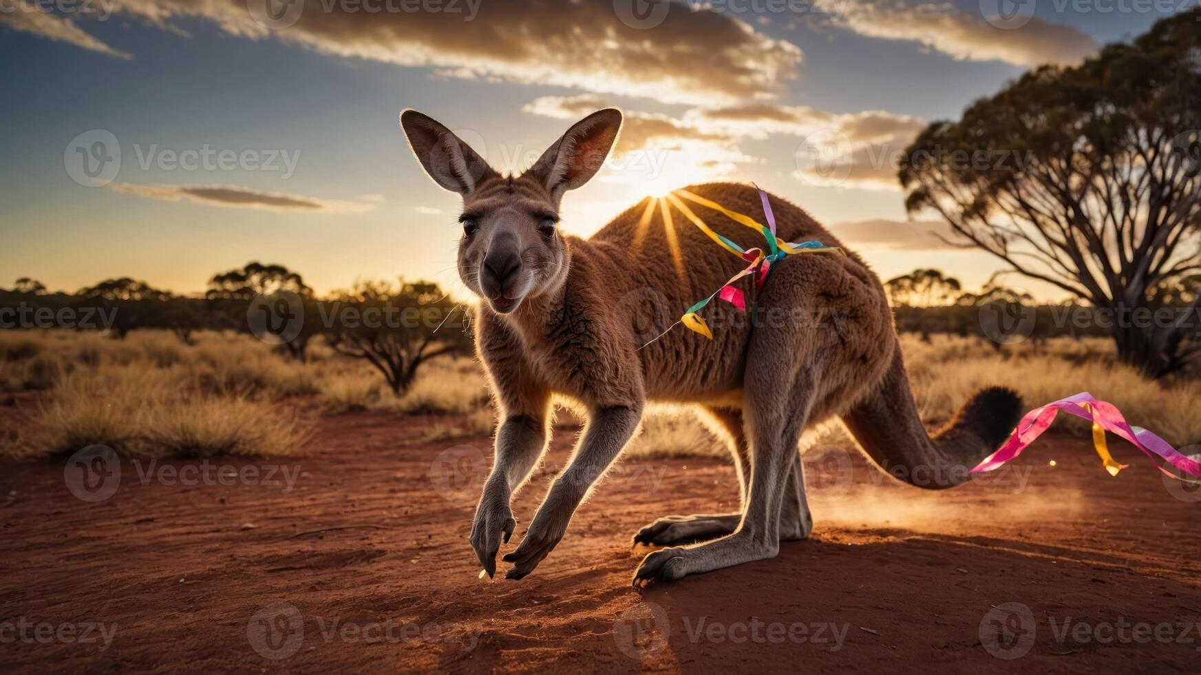 A kangaroo adorned with colorful ribbons leaps across a sunlit, dusty landscape. photo