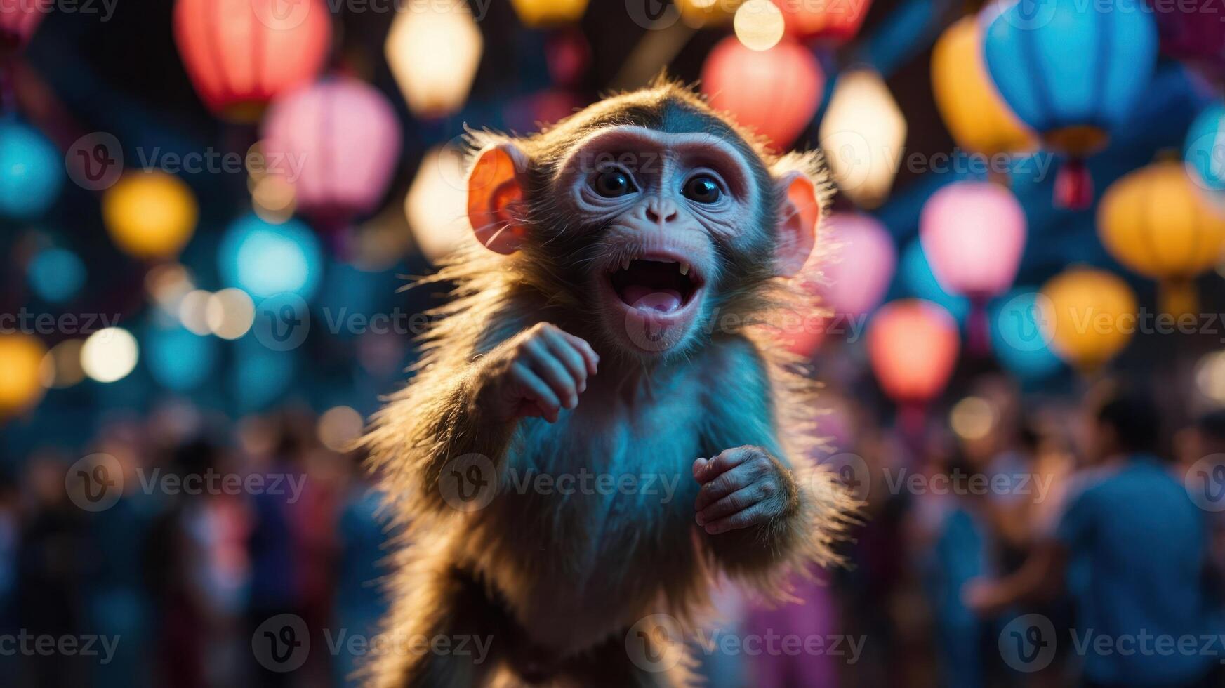 A playful monkey in a vibrant setting surrounded by colorful lanterns and people. photo