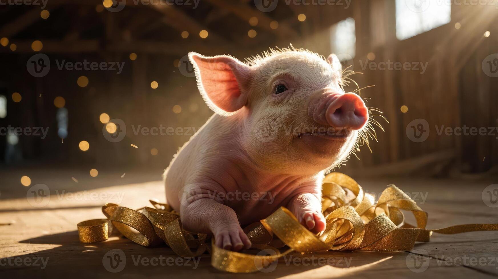 A cute piglet resting on golden ribbons in a sunlit barn, creating a warm and joyful atmosphere. photo