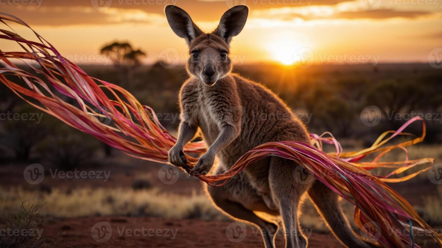A kangaroo playfully interacts with colorful ribbons against a sunset backdrop. photo