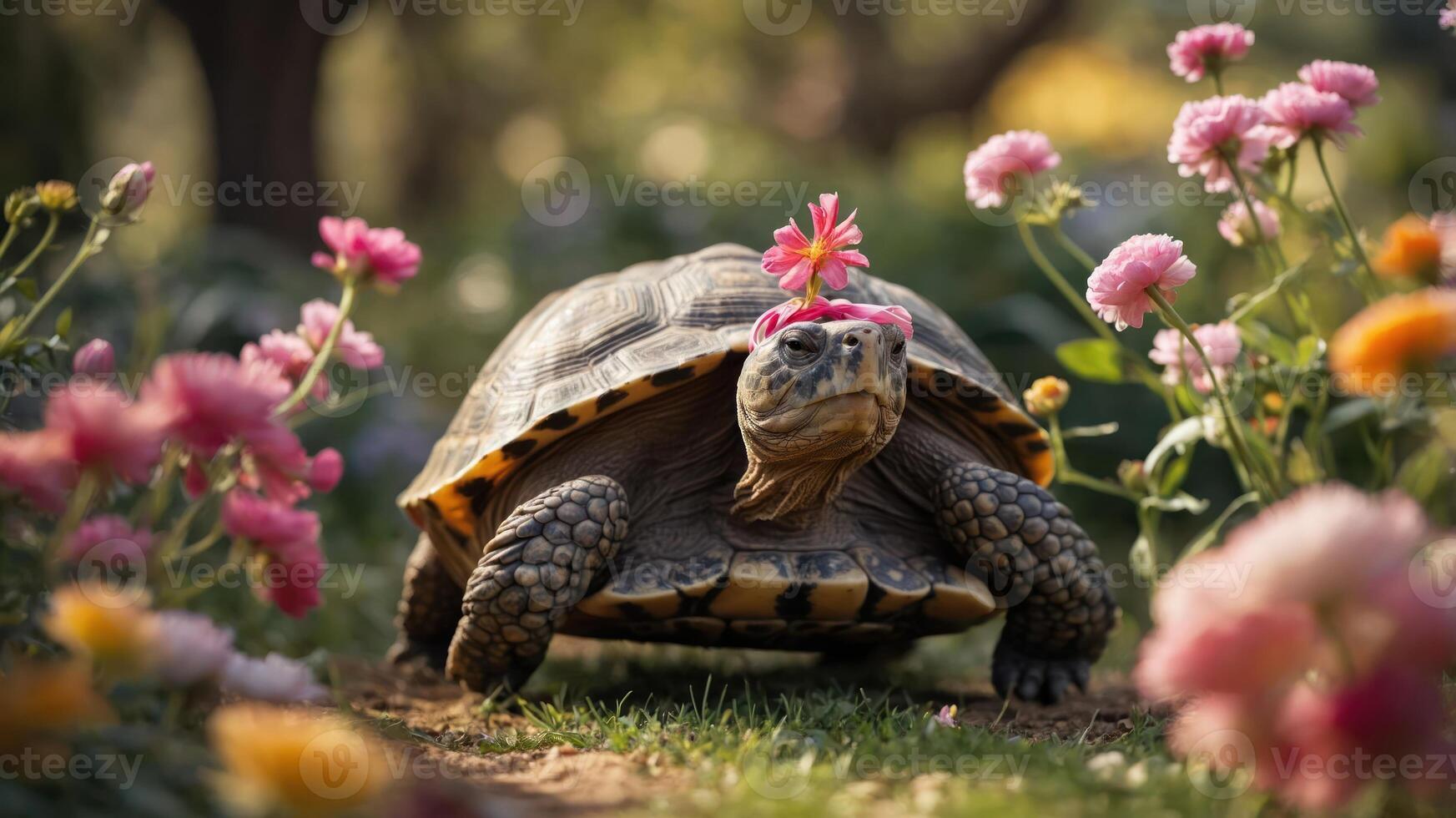 A turtle adorned with a flower crown strolls through a vibrant garden filled with blooms. photo