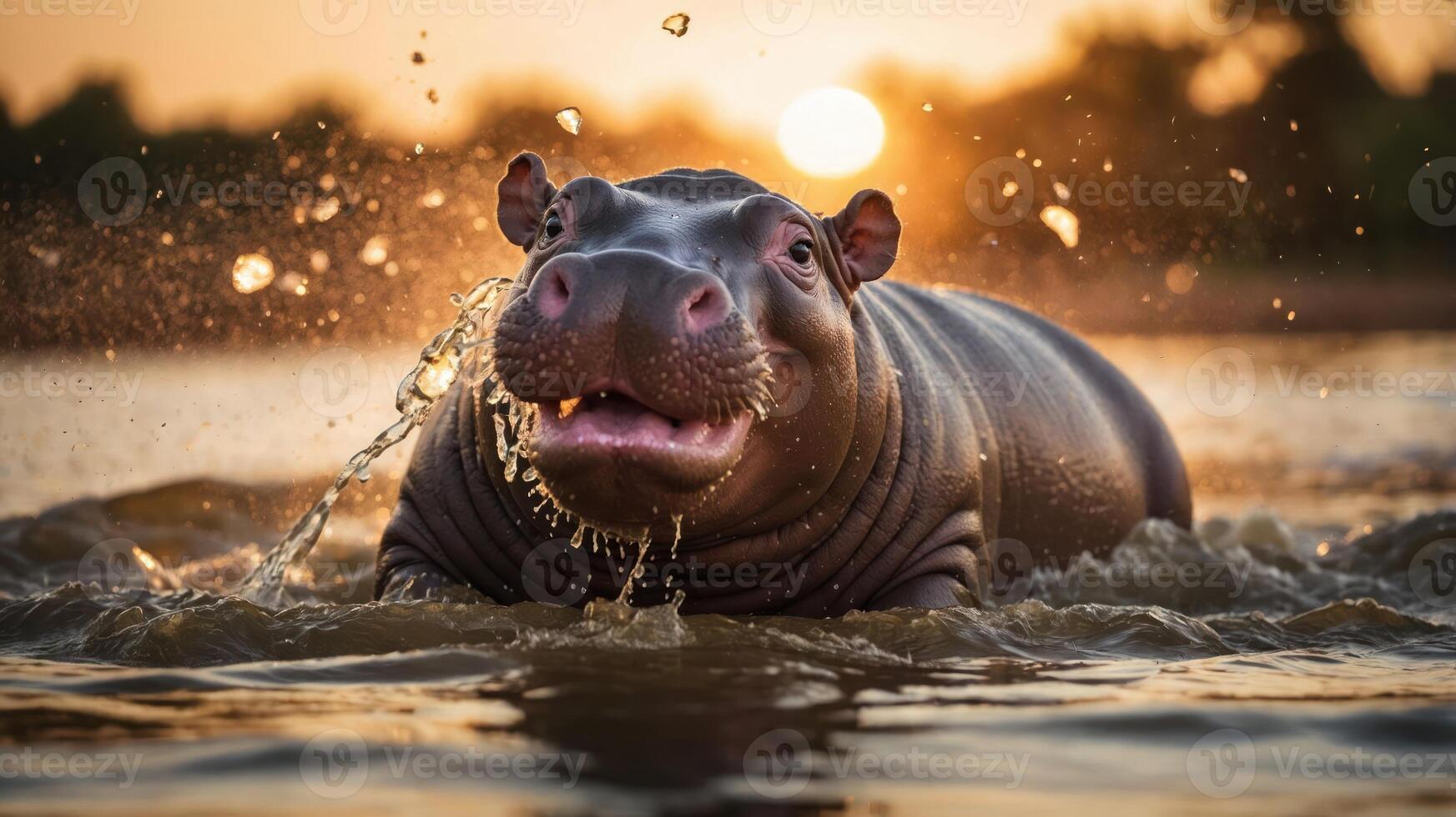 A playful hippopotamus splashes in water during sunset, showcasing wildlife in its natural habitat. photo