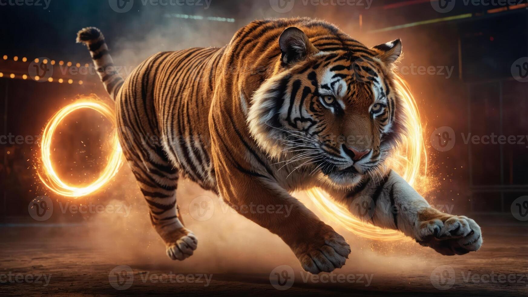 A tiger leaps through a flaming hoop, showcasing agility and power in a dramatic setting. photo