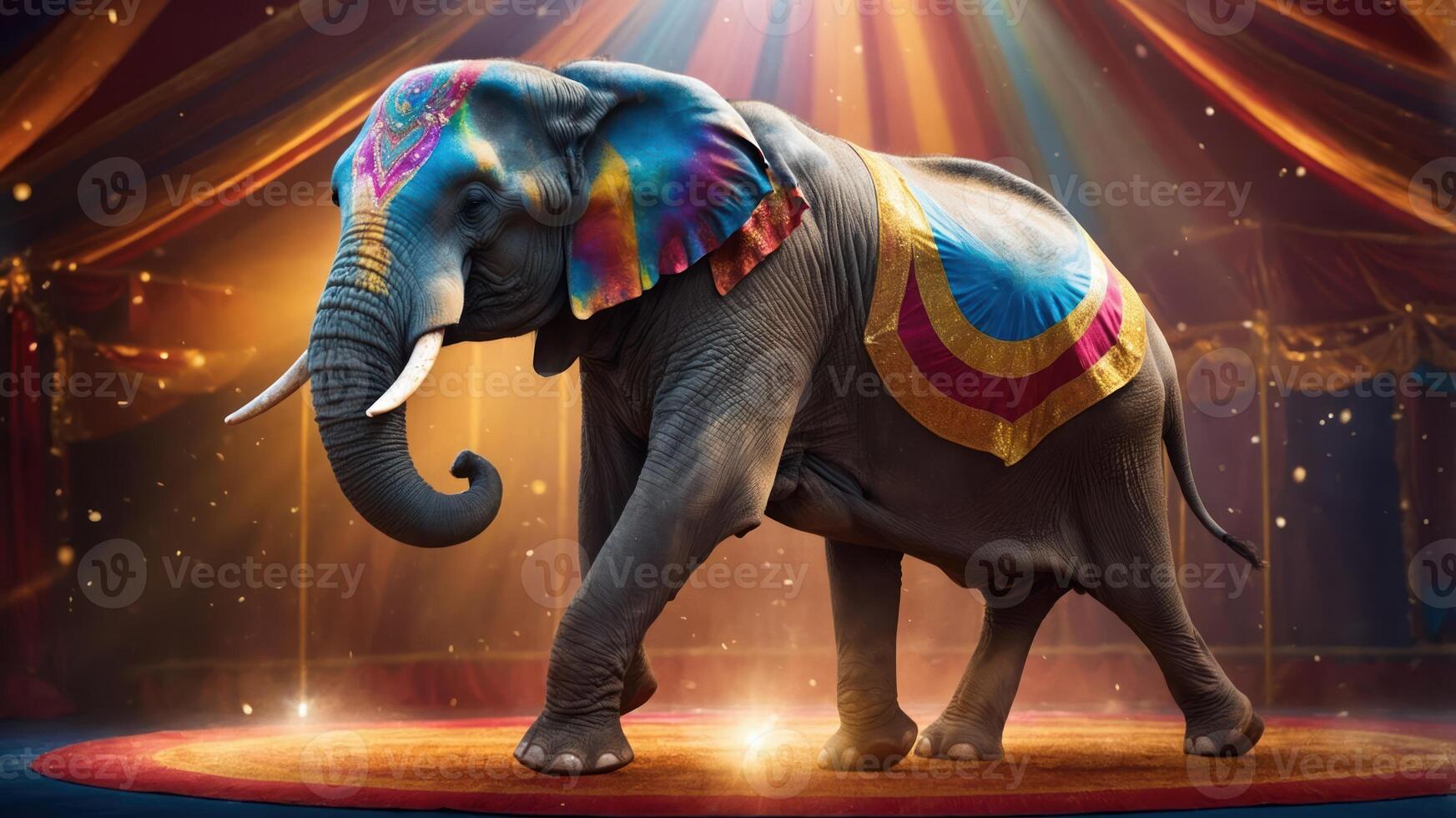 A colorful circus elephant performing under bright lights in a festive atmosphere. photo