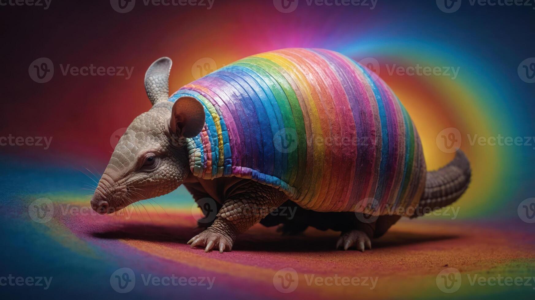 A colorful armadillo with a rainbow-striped shell against a vibrant background. photo
