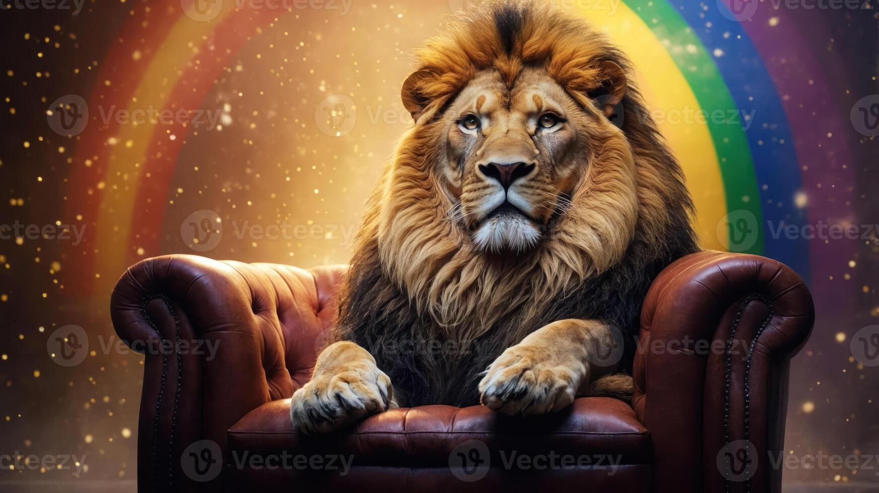 A regal lion sits on a plush armchair against a colorful, whimsical background. photo