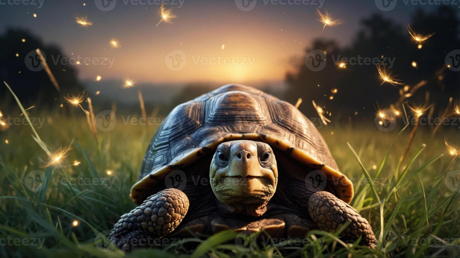 A close-up of a turtle in a grassy field at sunset, surrounded by glowing particles. photo