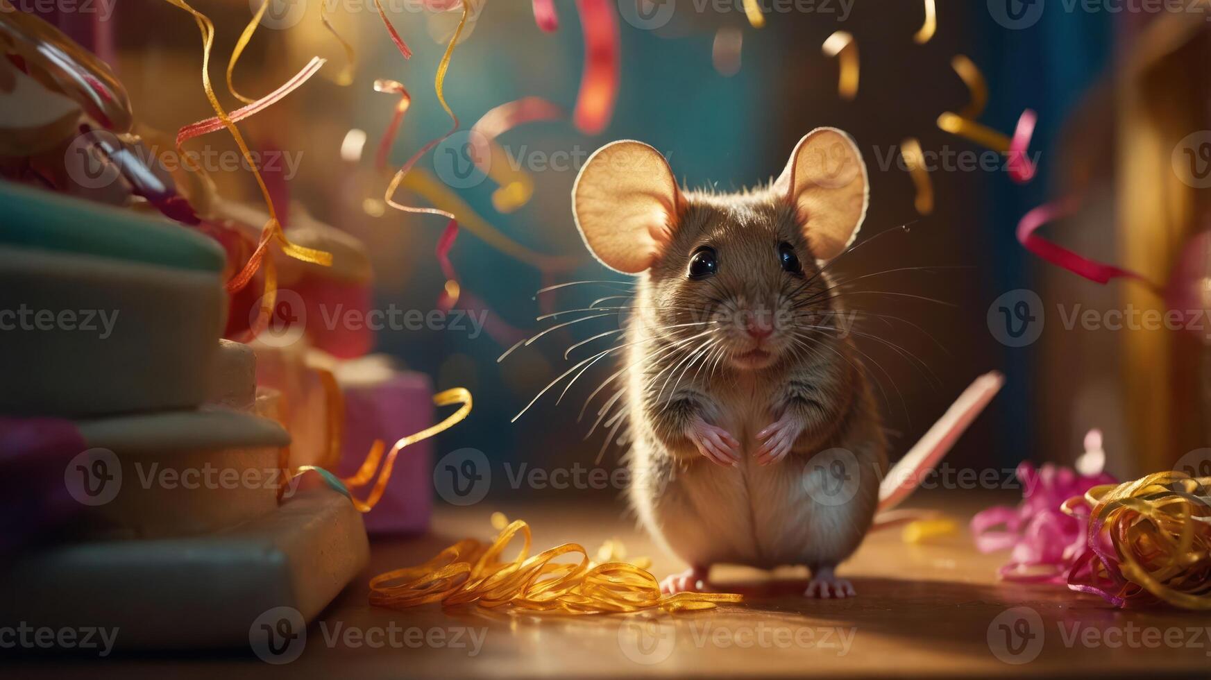 A festive mouse surrounded by colorful decorations and gifts, evoking a celebration atmosphere. photo