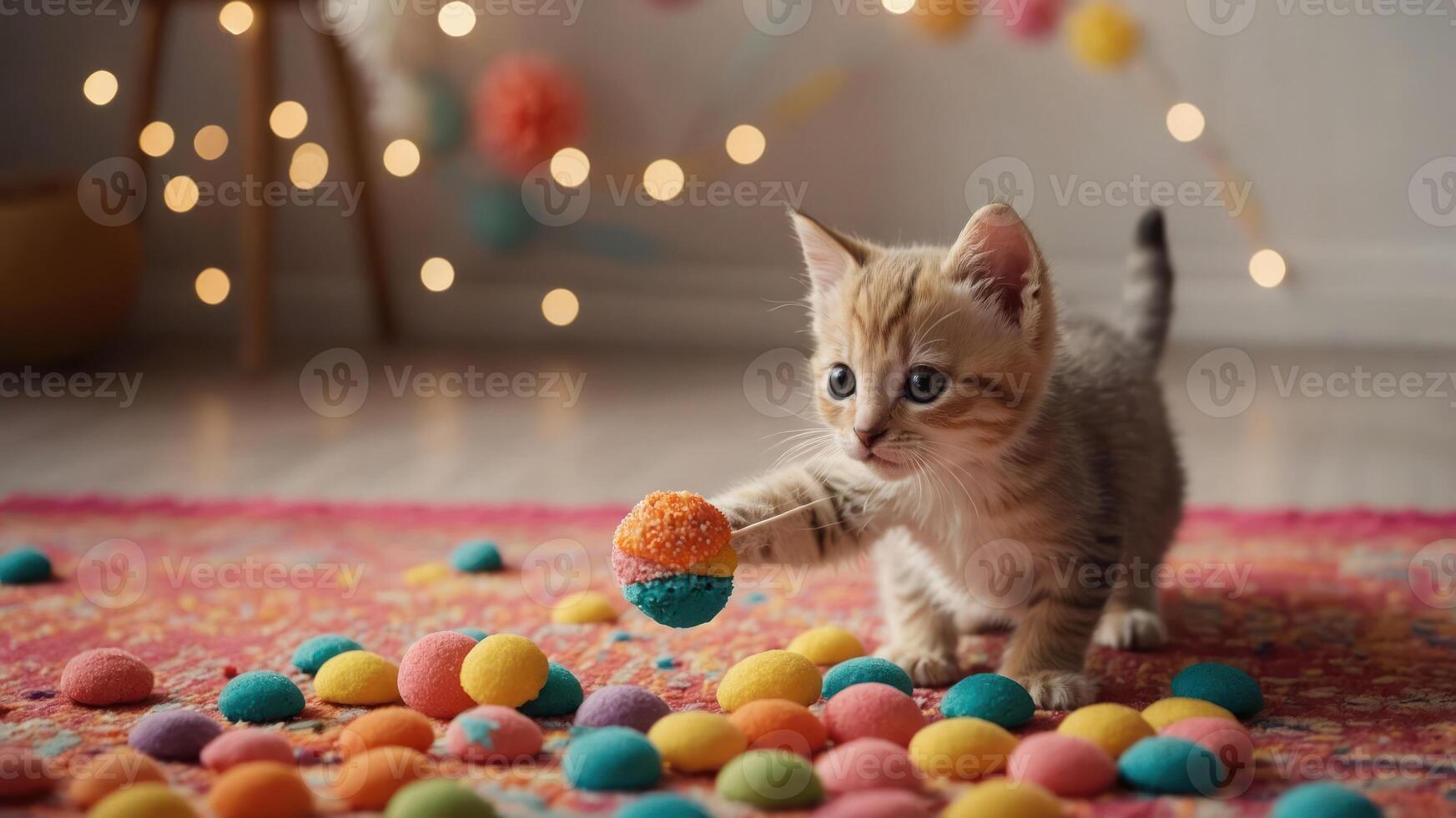 A playful kitten interacts with colorful pom-poms on a vibrant rug in a cozy setting. photo
