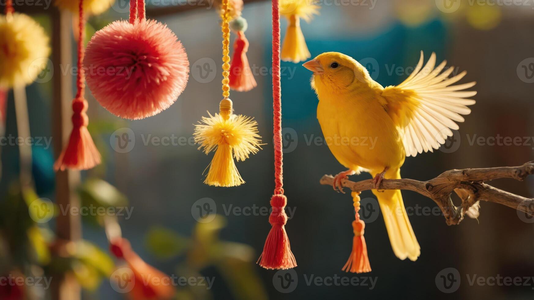 A vibrant yellow bird perched among colorful tassels, creating a lively atmosphere. photo