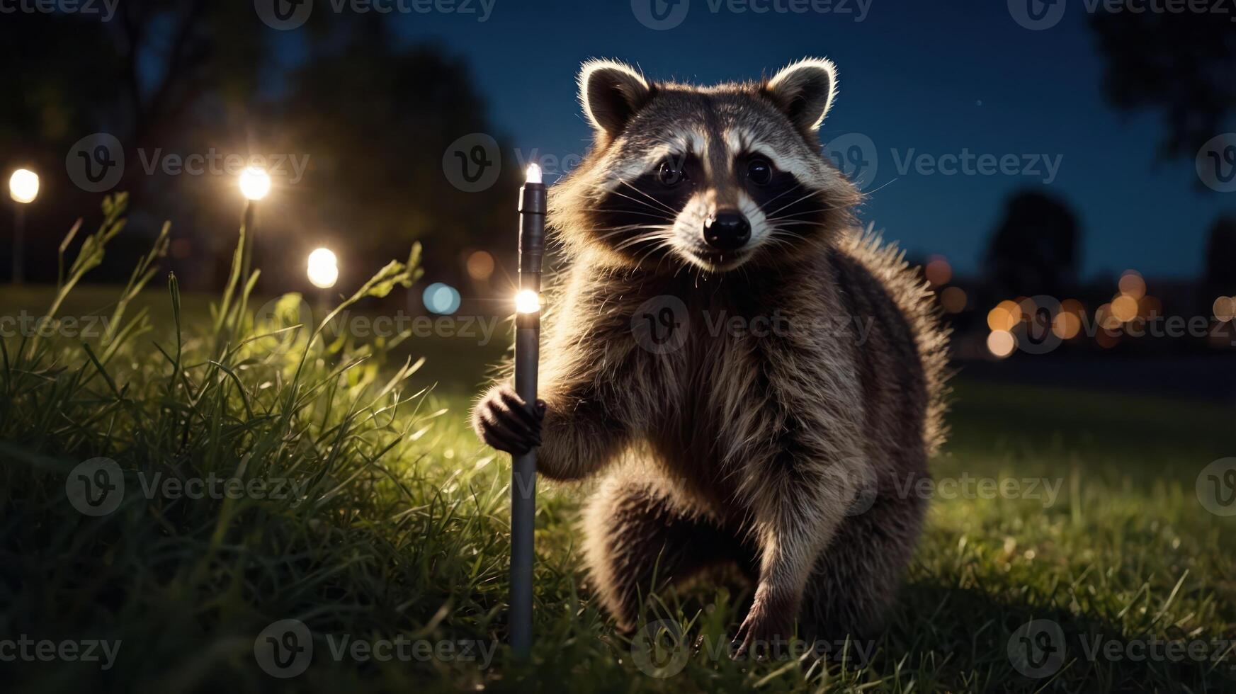 A raccoon holding a pen stands on grass at night, illuminated by soft lights in the background. photo