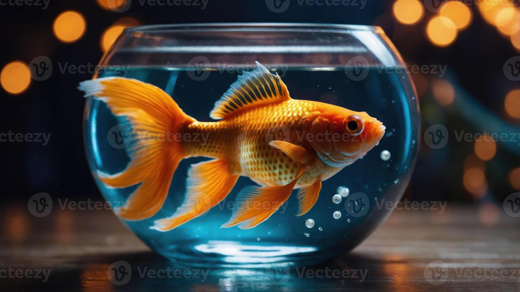 A vibrant goldfish swims in a clear bowl, surrounded by bubbles and soft lighting. photo