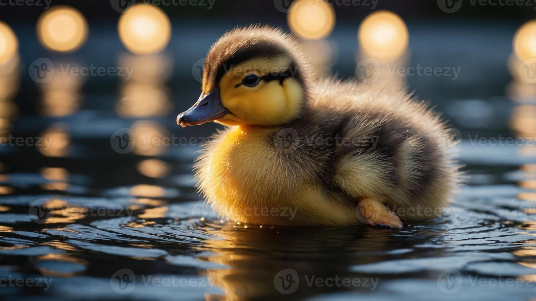 A fluffy duckling floats serenely on water, illuminated by soft, glowing lights in the background. photo