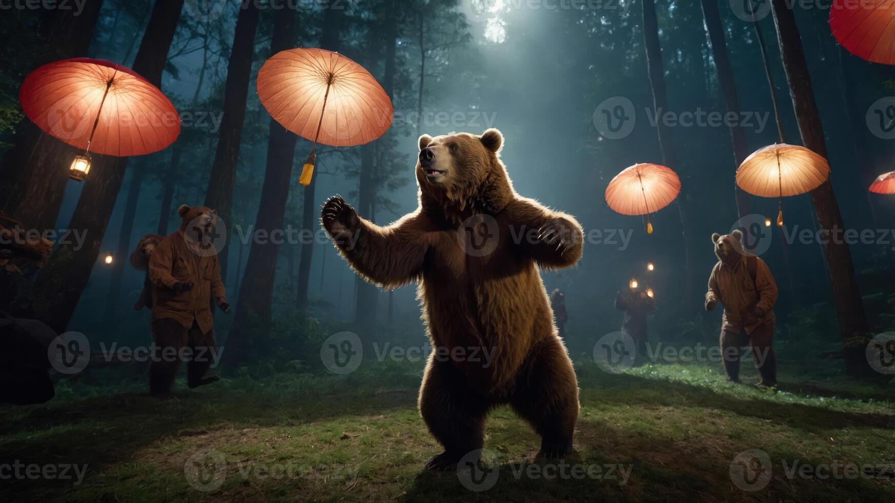 A bear dances under lanterns in a mystical forest setting. photo