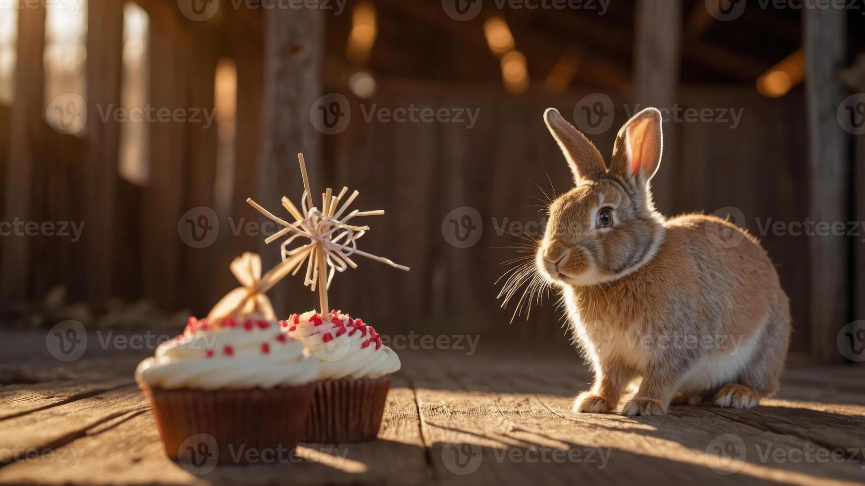 A rabbit sits next to decorated cupcakes in a rustic setting. photo